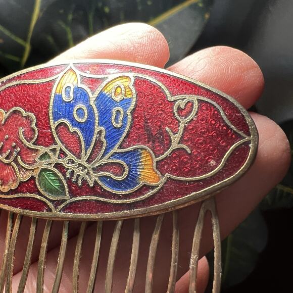 VTG Cloisonné Enamel Hair Gold Tone Comb Butterfly Flowers Red Yellow Green Blue - Picture 3 of 7
